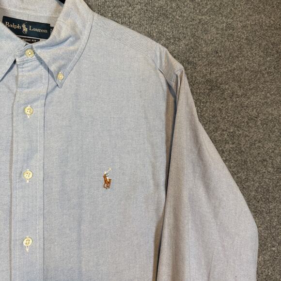 Ralph Lauren Shirt Mens 17.5 Blue Denim Chambray Button Up Pony Classic Fit - Picture 5 of 10